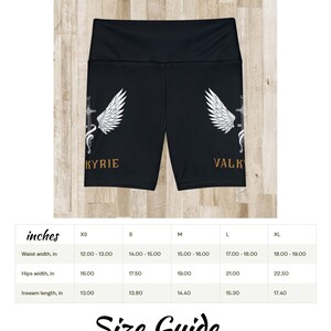 May include: Black athletic shorts with white wing and sword graphics, and the words "KYRIE" and "VALK" in gold. The size guide shows waist, hips, and inseam measurements in inches.