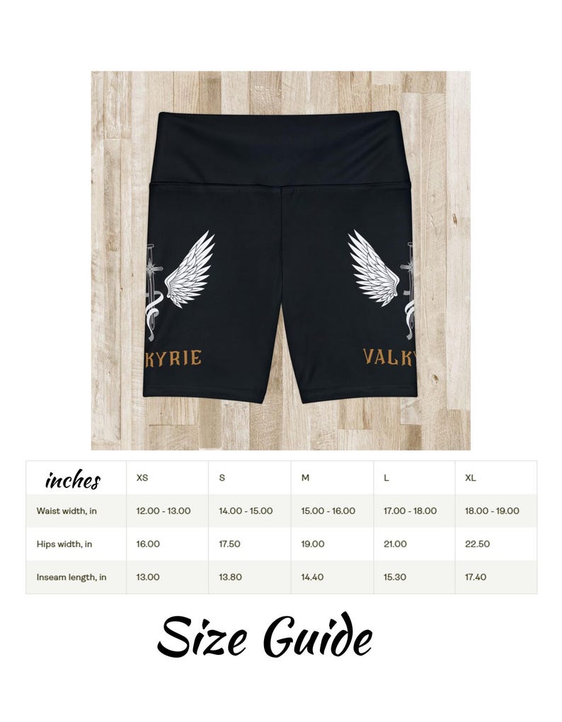 May include: Black athletic shorts with white wing and sword graphics, and the words "KYRIE" and "VALK" in gold. The size guide shows waist, hips, and inseam measurements in inches.