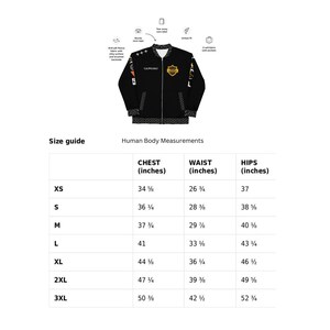 May include: A black bomber jacket with a front zipper, featuring a yellow shield logo on the chest and text on the sleeves. Above the jacket, icons and text describe features like anti-pill fleece and welt pockets. A size guide table is included.
