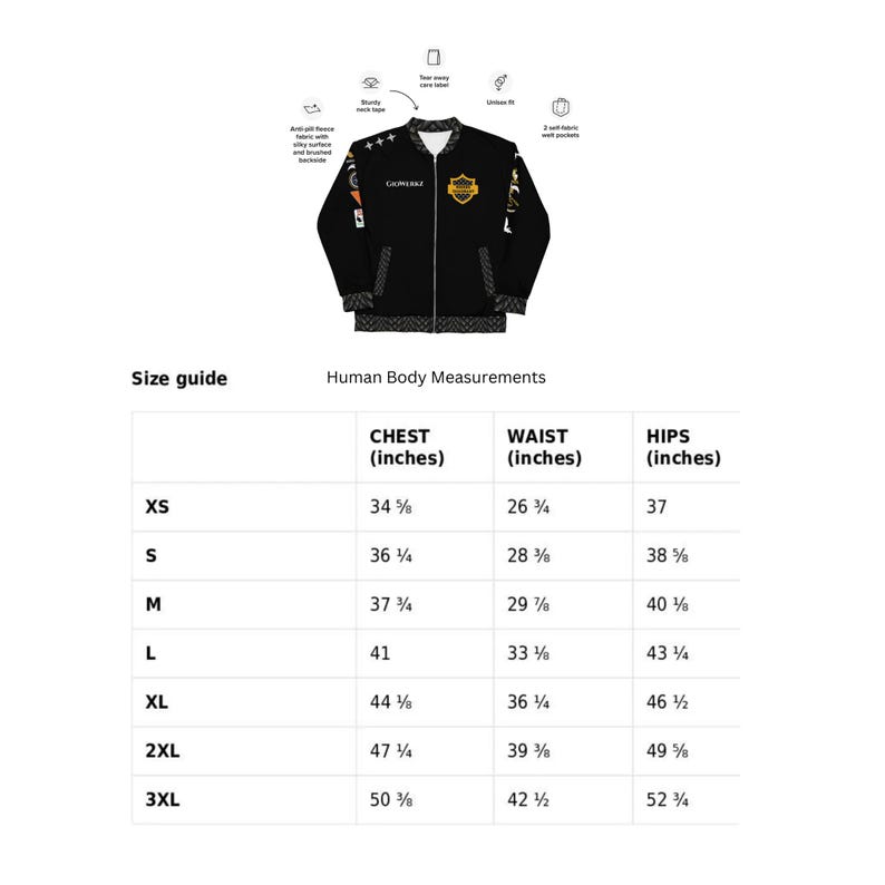 May include: A black bomber jacket with a front zipper, featuring a yellow shield logo on the chest and text on the sleeves. Above the jacket, icons and text describe features like anti-pill fleece and welt pockets. A size guide table is included.