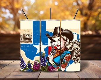 Texas Cowgirl Pinup Tumbler Wrap 20 Oz Skinny Tumbler Sublimation Design Design Digital download PNG DIGITAL ONLY Harley Western