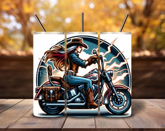 Cowgirl on a Motorcycle Tumbler Wrap 20 Oz Skinny Tumbler Sublimation Design Design Digital download PNG DIGITAL ONLY Harley Western Pinup