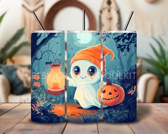Cute Ghost with Beanie 20 Oz Skinny Tumbler Sublimation Design Design Digital download PNG DIGITAL ONLY Spooky Season Creepy Forest