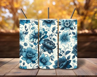 Blue Vintage Styled Flowers 20 Oz Skinny Tumbler Sublimation Design Design Digital download PNG DIGITAL ONLY Flowers Gardening