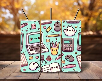 Kawaii Office Supplies Tumbler Wrap 20 Oz Skinny Tumbler Sublimation Design Design Digital download PNG DIGITAL ONLY Teacher Tumbler