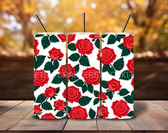 Vintage Style Red Roses Tumbler Wrap 20 Oz Skinny Tumbler Sublimation Design Design Digital download PNG DIGITAL ONLY Flowers Gardening
