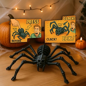 May include: A black plastic Halloween spider with articulated legs and a skull-like head. Two illustrated cards show a person's reaction before and after pressing the spider. The cards read "PRESS HERE" and "CLACK! EEK!"