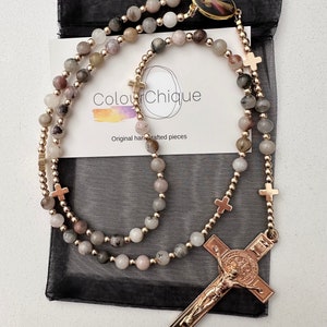Divine mercy rosary beads. Handmade rosary beads. Prayer beads. Stone bead rosary. Pink, grey and brown stone. Gold tone beads.