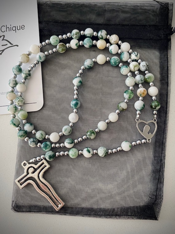 Modern Style Rosary Beads. Genuine Gemstone Handmade. Moss Agate Rosary.  Confirmation Gift. Holy Communion Gift. Baptism Gift. Wedding Gift. 