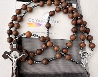 Wooden bead and hematite bead rosary. Hand made St Benedict rosary beads.