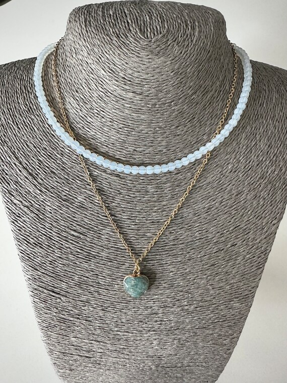 Layer necklace set. Ladies necklace. Gemstone pendant and gold tone necklace set. Amazonite pendant. Opalite necklace. Beaded set