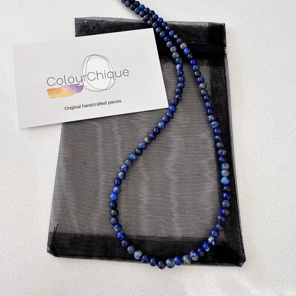 Thin lapis lazuli necklace. Lapis lazuli bead necklace. Genuine handmade. 4 mm beads. Gemstone beaded necklace. Ladies beaded necklace. Blue