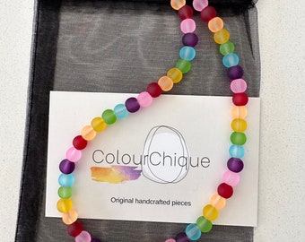 Beaded rainbow necklace. Matte glass beads. Handmade. Pretty in Pink Necklace. Bright and colourful necklace.