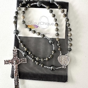 Hand made rosary beads. Ornate rosary. Stone bead rosary. Pyrite, quartz and hematite beaded rosary.