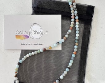 Thin flower amazonite necklace. Flower amazonite bead necklace. Genuine handmade. 4 mm beads. Beaded necklace. Minimalist design.