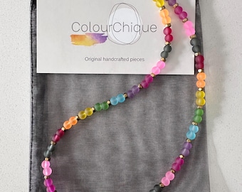 Matte glass bead necklace. Rainbow beaded necklace with sparkle. Handmade beaded necklace.