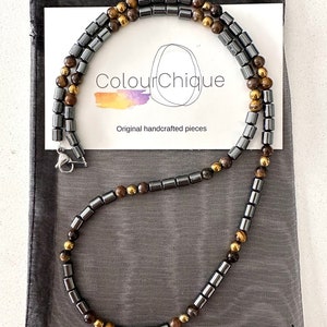Mens necklace. Hematite and tiger eye beaded necklace. Hand made. Gift for men. Handmade jewellery. Stone jewellery.