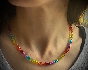 Thin rainbow glass bead necklace, beaded rainbow necklace, glass beaded necklace 4mm beads, rainbow necklace
