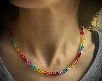 Thin rainbow glass bead necklace, beaded rainbow necklace, glass beaded necklace 4mm beads, rainbow necklace