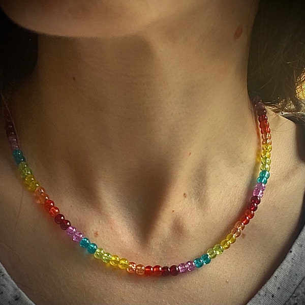 Thin rainbow glass bead necklace, beaded rainbow necklace, glass beaded necklace 4mm beads, rainbow necklace