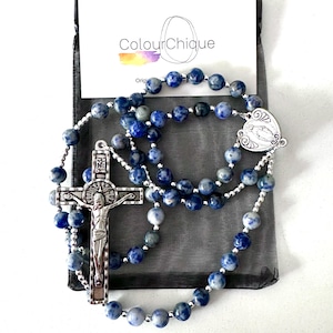 Blue jasper rosary beads. Ornate rosary. Large handmade rosary beads. Confirmation gift. Wedding gift. Baptism gift. Catholic beads.