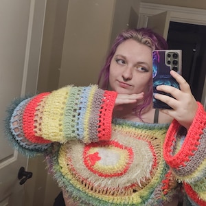 Crochet eye cropped sweater (thrifted yarn)