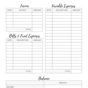 Puede incluir: Un planificador de presupuesto mensual imprimible en blanco con secciones para ingresos, gastos y saldo. El título "Monthly BUDGET" está en una fuente decorativa. Las secciones incluyen "Ingresos", "Gastos variables", "Facturas y gastos fijos" y "Saldo".