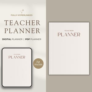 Op de afbeelding: Een digitale leerkrachtplanner met 70 pagina's. De planner is volledig gelinkt en bevat de tekst "TEACHER PLANNER" in een bruin lettertype. De tekst "DIGITAL PLANNER | PDF PLANNER" is ook in een kleiner lettertype opgenomen.