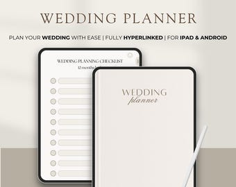 May include: A digital wedding planner on an iPad screen. The planner has a checklist for 12 months of wedding planning and a section for notes. The text "WEDDING PLANNER" is at the top of the screen.