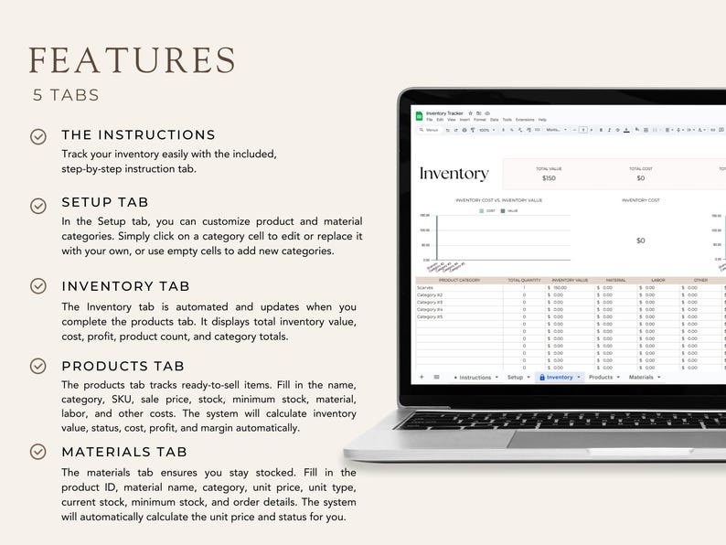 Tab Layout Database Inventory Inventory Tracker Spreadsheet: Small Business Google Sheets Template ...