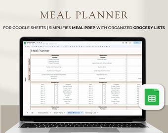Può includere: Un computer portatile che mostra un foglio di calcolo di Google Sheets con un modello di pianificatore di pasti e lista della spesa. Il foglio di calcolo è intitolato "Pianificatore di pasti" e include colonne per il giorno della settimana, il pasto e gli articoli della lista della spesa. Il foglio di calcolo è progettato per aiutare gli utenti a pianificare i loro pasti e creare liste della spesa.