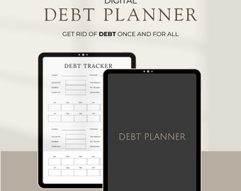 May include: Digital debt planner displayed on a tablet screen. The planner features a debt tracker with sections for creditor, account number, deadline, credit limit, total debt, start balance, minimum payment, and interest rate. The planner also includes a calendar with months of the year.