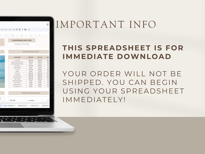 K&ouml;nnte beinhalten: Ein Laptop-Bildschirm zeigt eine Tabellenkalkulation mit dem Text "IMPORTANT INFO" und "THIS SPREADSHEET IS FOR IMMEDIATE DOWNLOAD. YOUR ORDER WILL NOT BE SHIPPED. YOU CAN BEGIN USING YOUR SPREADSHEET IMMEDIATELY!"