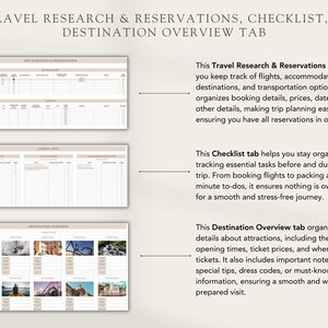 K&ouml;nnte beinhalten: Ein druckbarer Reiseplaner mit drei Registerkarten: Reiseforschung & Reservierungen, Checkliste und Ziel&uuml;bersicht. Jede Registerkarte hat ein Rasterlayout mit Platz zum Schreiben von Notizen und Listen.