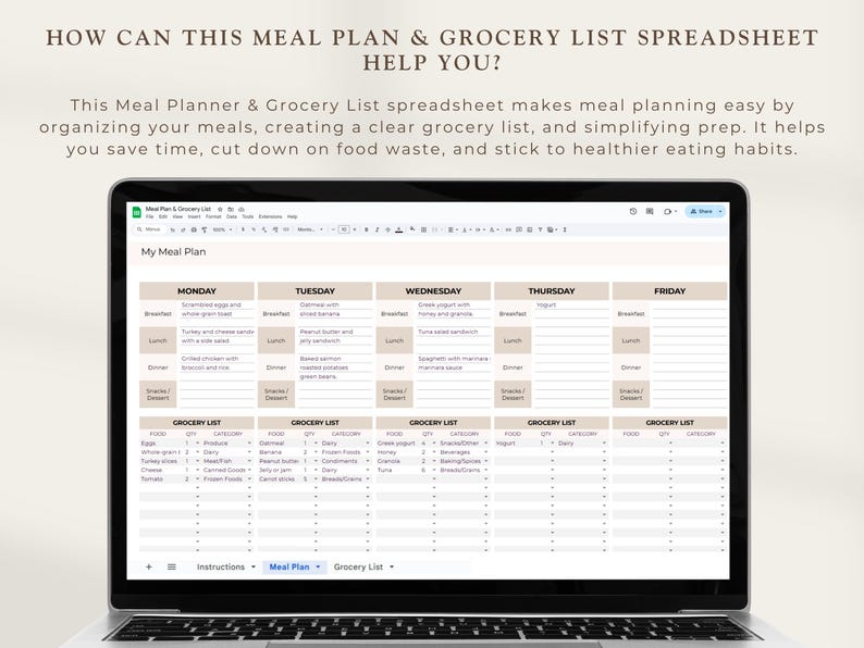 Weekly Meal Planner & Grocery List: Google Sheets Template (digital) - Etsy