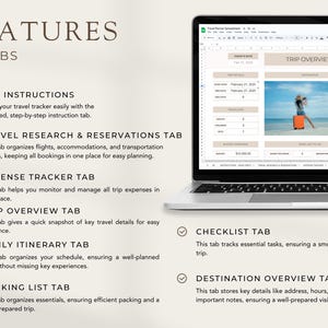 K&ouml;nnte beinhalten: Ein Laptop-Bildschirm zeigt eine Tabellenkalkulation mit acht Registerkarten, die mit "Die Anweisungen", "Reiseforschung & Reservierungen", "Ausgabentracker", "Reise&uuml;bersicht", "T&auml;glicher Reiseplan", "Packliste", "Checkliste" und "Ziel&uuml;bersicht" beschriftet sind. Jede Registerkarte enth&auml;lt eine Beschreibung ihres Zwecks. Die Tabellenkalkulation ist mit "Reisekostentabelle" betitelt.