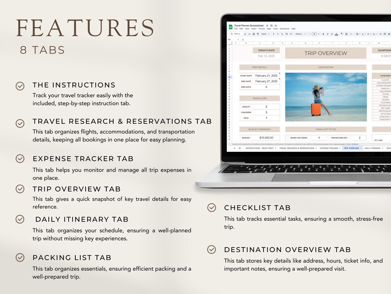 K&ouml;nnte beinhalten: Ein Laptop-Bildschirm zeigt eine Tabellenkalkulation mit acht Registerkarten, die mit "Die Anweisungen", "Reiseforschung & Reservierungen", "Ausgabentracker", "Reise&uuml;bersicht", "T&auml;glicher Reiseplan", "Packliste", "Checkliste" und "Ziel&uuml;bersicht" beschriftet sind. Jede Registerkarte enth&auml;lt eine Beschreibung ihres Zwecks. Die Tabellenkalkulation ist mit "Reisekostentabelle" betitelt.