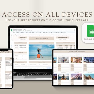 K&ouml;nnte beinhalten: Ein digitales Bild, das drei Ger&auml;te zeigt, auf denen eine Reiseplanungs-Tabelle angezeigt wird. Die Ger&auml;te sind ein Laptop, ein Tablet und ein Smartphone. Die Tabelle enth&auml;lt eine Packliste, einen Reise&uuml;berblick und einen Ziel&uuml;berblick. Die Tabelle ist mit "Travel Planner Spreadsheet" betitelt. Das Bild enth&auml;lt den Text "ACCESS ON ALL DEVICES" und "USE YOUR SPREADSHEET ON THE GO WITH THE SHEETS APP".