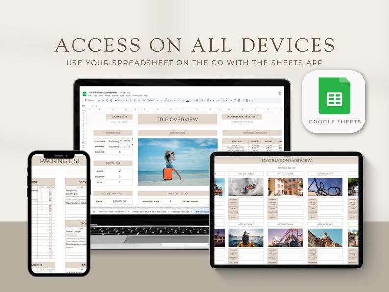 K&ouml;nnte beinhalten: Ein digitales Bild, das drei Ger&auml;te zeigt, auf denen eine Reiseplanungs-Tabelle angezeigt wird. Die Ger&auml;te sind ein Laptop, ein Tablet und ein Smartphone. Die Tabelle enth&auml;lt eine Packliste, einen Reise&uuml;berblick und einen Ziel&uuml;berblick. Die Tabelle ist mit "Travel Planner Spreadsheet" betitelt. Das Bild enth&auml;lt den Text "ACCESS ON ALL DEVICES" und "USE YOUR SPREADSHEET ON THE GO WITH THE SHEETS APP".