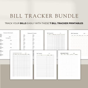 May include: A printable bundle of seven bill tracker sheets. The sheets include a personal information sheet, password tracker, bill payment tracker, bill calendar, monthly bill payment tracker, bill tracker, and subscription tracker.