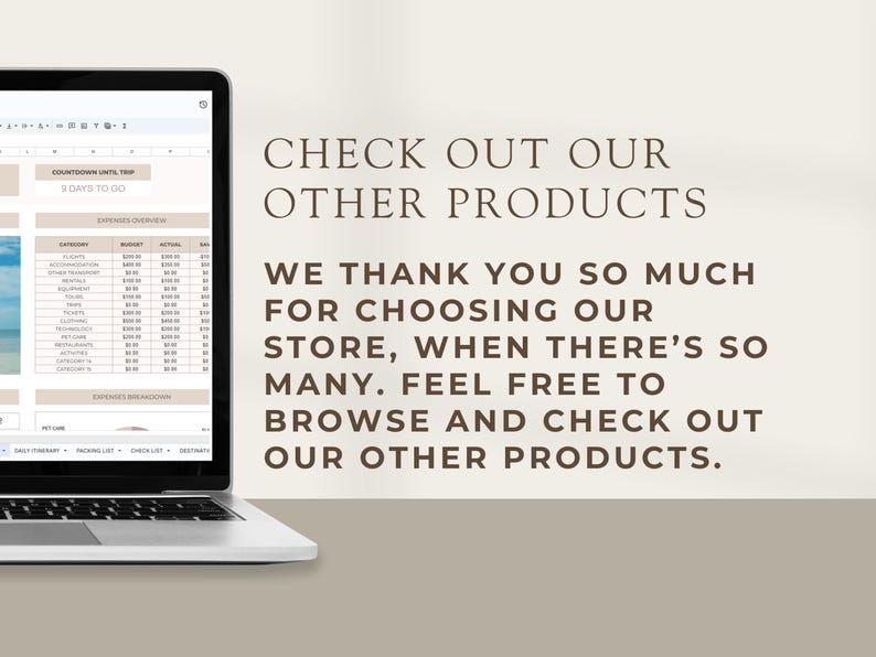K&ouml;nnte beinhalten: Ein Laptop-Bildschirm zeigt eine Tabellenkalkulation mit dem Text "Countdown bis zur Reise 8 Tage verbleiben" und "Ausgaben&uuml;bersicht". Der Text "Schauen Sie sich unsere anderen Produkte an" wird auf einem hellbraunen Hintergrund angezeigt.