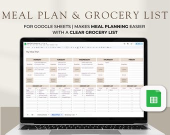 May include: A laptop computer screen displaying a Google Sheets spreadsheet with a meal plan and grocery list template. The spreadsheet is divided into columns for each day of the week, with rows for breakfast, lunch, dinner, and snacks. The template includes a grocery list section for each day, with columns for food category, item, and quantity.