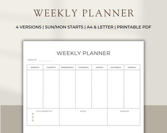 Minimalist Weekly Planner Printable Bundle: A4/Letter (PDF)
