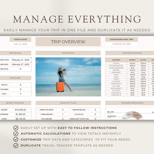 K&ouml;nnte beinhalten: Eine druckbare Reise-Tracker-Vorlage mit einer Checkliste, einer Budget&uuml;bersicht und einer Aufstellung der Ausgaben. Die Vorlage enth&auml;lt Abschnitte f&uuml;r Reisedetails, Zielort und Countdown bis zur Reise. Das Bild zeigt auch ein Foto einer Frau, die neben einem Koffer am Strand steht.