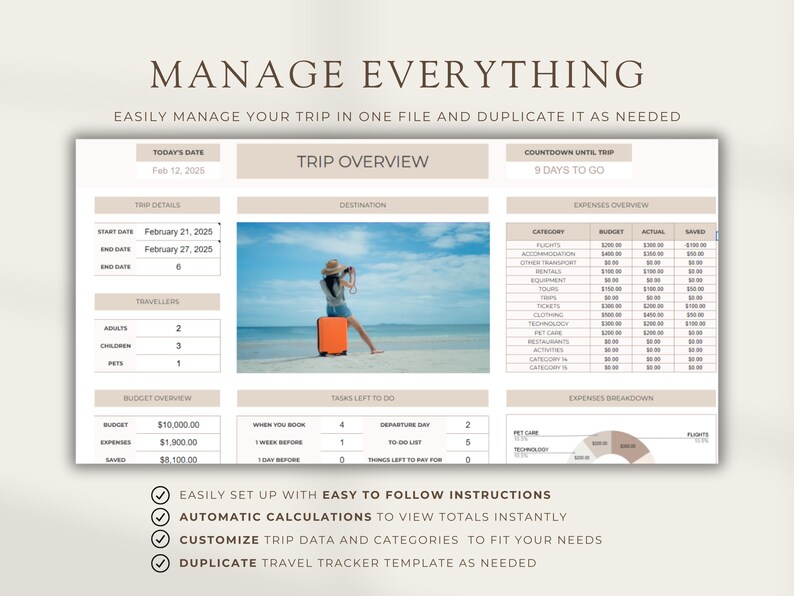 K&ouml;nnte beinhalten: Eine druckbare Reise-Tracker-Vorlage mit einer Checkliste, einer Budget&uuml;bersicht und einer Aufstellung der Ausgaben. Die Vorlage enth&auml;lt Abschnitte f&uuml;r Reisedetails, Zielort und Countdown bis zur Reise. Das Bild zeigt auch ein Foto einer Frau, die neben einem Koffer am Strand steht.