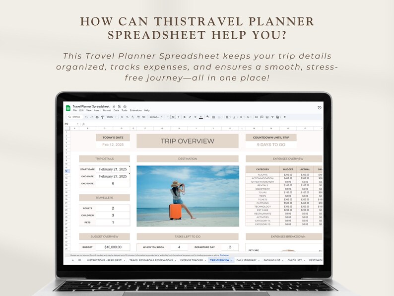 K&ouml;nnte beinhalten: Ein Laptop-Computer, auf dem eine Google Sheets-Tabelle mit einer Vorlage f&uuml;r einen Reiseplaner angezeigt wird. Die Tabelle enth&auml;lt Abschnitte f&uuml;r Reisedetails, Reise&uuml;bersicht, Countdown bis zur Reise, Ausgaben&uuml;bersicht und Ausgabenaufteilung. Die Tabelle ist mit "Travel Planner Spreadsheet" betitelt.