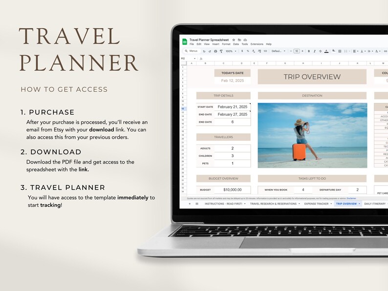 K&ouml;nnte beinhalten: Ein Laptop-Computer, auf dem eine Reiseplanungs-Tabelle mit einem Foto einer Frau am Strand angezeigt wird. Die Tabelle enth&auml;lt Abschnitte f&uuml;r Reisedetails, Reisende, Budget&uuml;bersicht, Aufgaben, die zu erledigen sind, Abreisetag und Tagesablauf. Die Tabelle ist mit "Travel Planner Spreadsheet" betitelt.