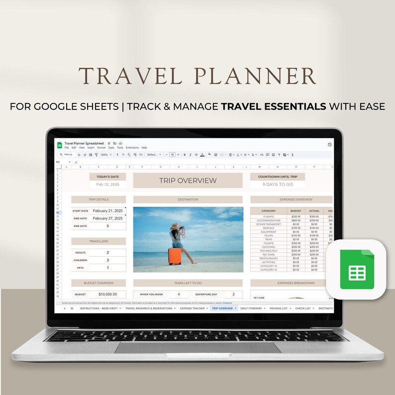 K&ouml;nnte beinhalten: Ein Laptop-Bildschirm zeigt eine Google Sheets-Tabelle mit einer Vorlage f&uuml;r einen Reiseplaner. Die Tabelle enth&auml;lt Abschnitte f&uuml;r die Reise&uuml;bersicht, die Ausgaben und einen Countdown bis zur Reise. Die Tabelle ist mit "Travel Planner Spreadsheet" betitelt.