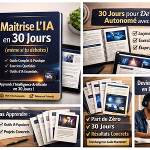 Peut inclure: Ensemble de supports pédagogiques sur l'intelligence artificielle. L'image présente un livre à spirales, des tablettes et des documents imprimés. Le texte comprend "Maîtrise de l'IA en 30 jours" et "Apprendre l'IA en 30 jours !"