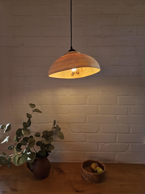 Holzlampe, Lampenschirm aus Holz, Holzleuchte, Birkenrund, Pappel, Pendelleuchte Holz, gedrechselt,  E27 Fassung, 1m Kabel,
